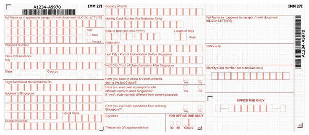 Form tờ khai nhập cảnh v&agrave;o Singapore