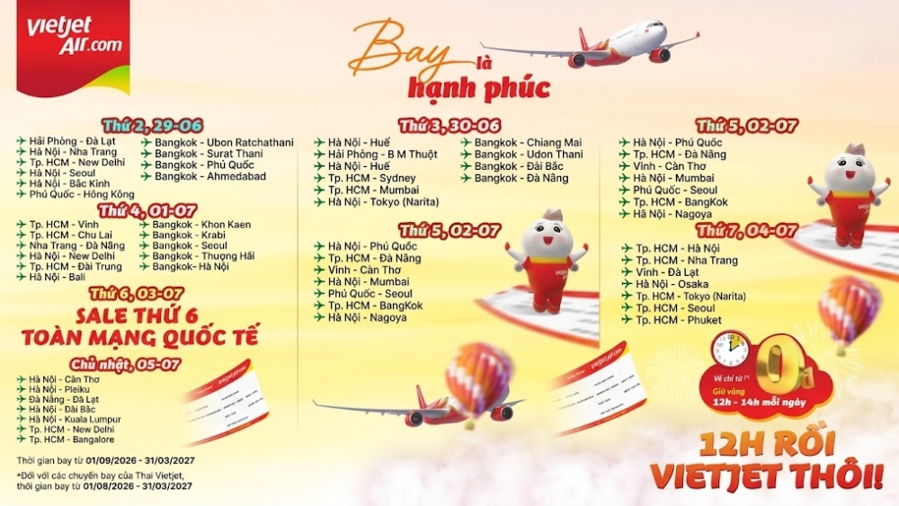 Lịch bay si&ecirc;u khuyến m&atilde;i - Săn v&eacute; 0 đồng c&ugrave;ng Vietjet