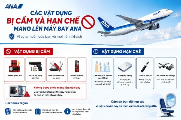 quy định h&agrave;nh l&yacute; ANA về c&aacute;c vật dụng bị cấm v&agrave; hạn chế mang l&ecirc;n m&aacute;y bay