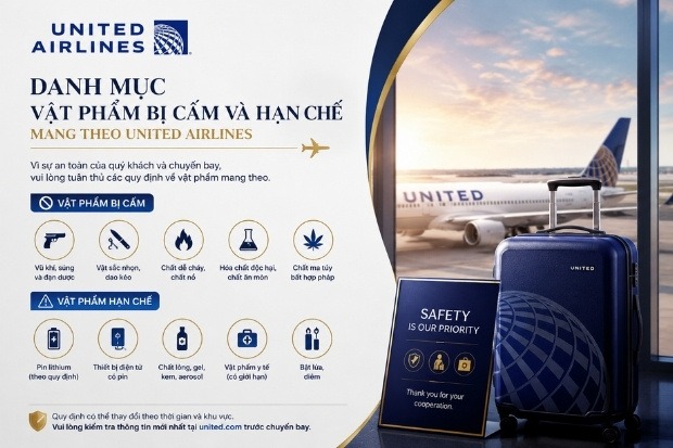 Chi tiết về quy định h&agrave;nh l&yacute; United Airlines danh mục c&aacute;c vật phẩm bị cấm v&agrave; hạn chế mang theo