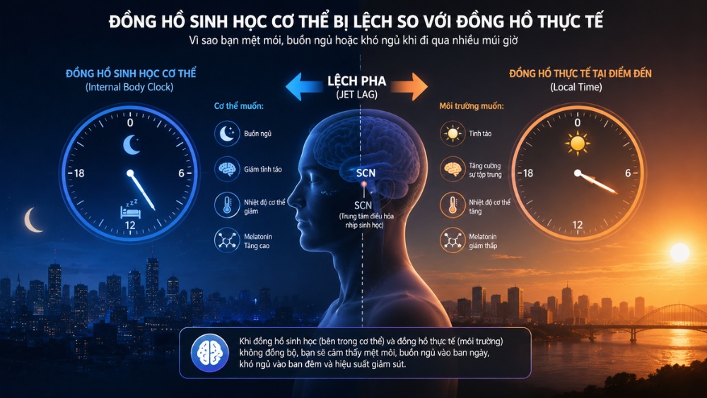 Đồng hồ sinh học nhịp sinh học bị rối loạn khi jet lag lệch m&uacute;i giờ