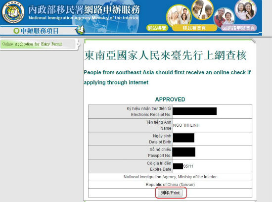 visa dien tu Dai Loan