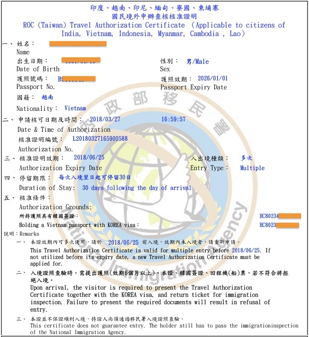 visa điện tử Đ&agrave;i Loan