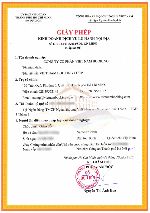 Giấy phép lữ hành nội địa của công ty du lịch tp hcm Vietnam Booking