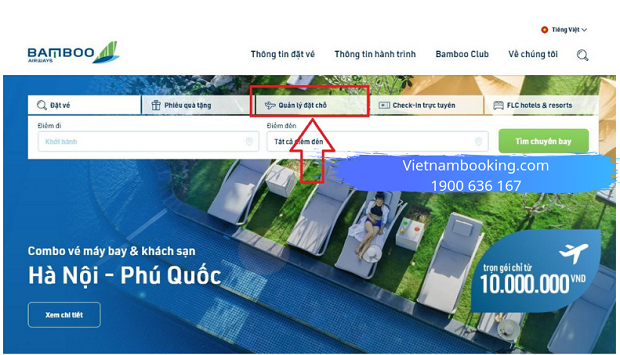 Bước 1 vào quản lý đặt chỗ | Hướng dẫn kiểm tra code vé máy bay Bamboo Airways