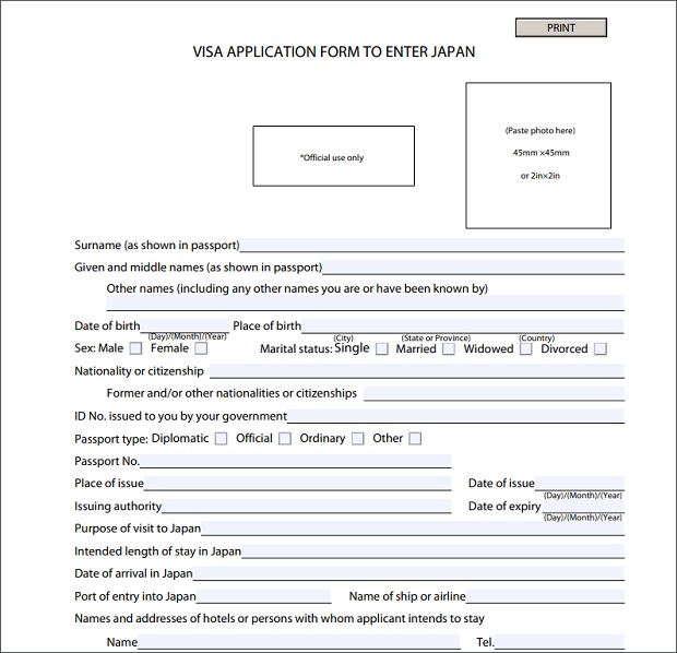tờ khai xin visa Nhật Bản
