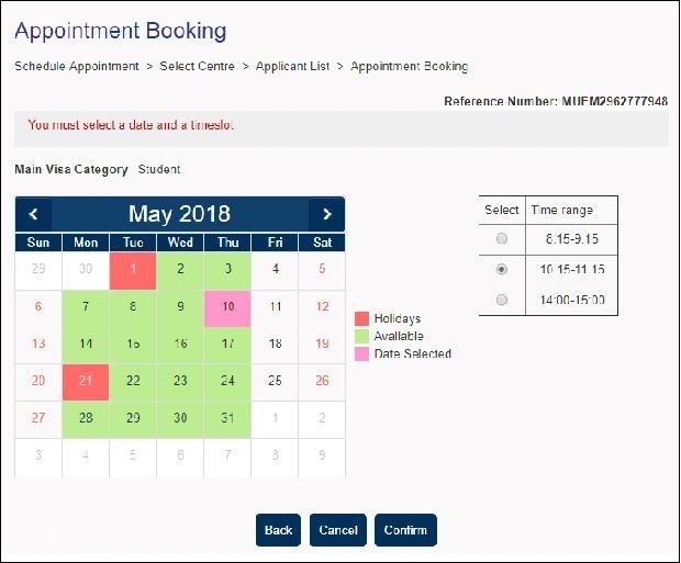 Chọn những ô màu xanh (lịch hẹn còn trống) để đăng ký đặt hẹn Dịch vụ đặt lịch hẹn visa Đức