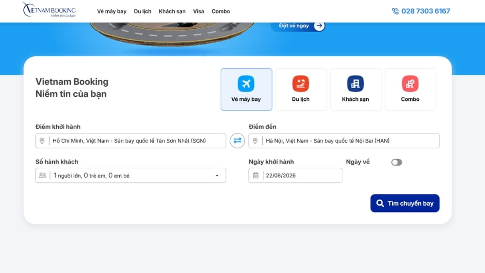 Giao diện t&igrave;m kiếm v&eacute; m&aacute;y bay trực tuyến tr&ecirc;n website Vietnam Booking