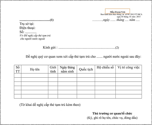 Mẫu đơn NA6, một trong những giấy tờ để xin thẻ tạm trú thân nhân.  Thẻ tạm trú thăm thân