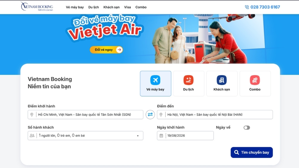 Giao diện đặt v&eacute; tr&ecirc;n website Vietnam Booking