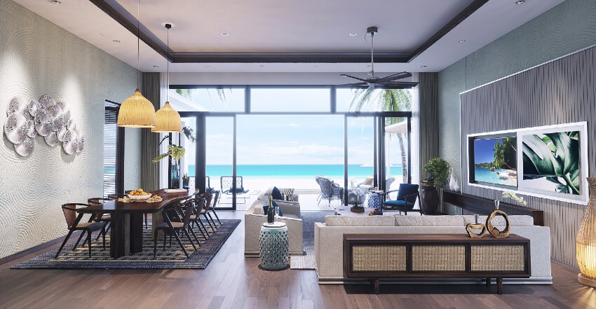 Hướng phòng khách thẳng ra biển của Mövenpick Resort Waverly - top các resort ở Phú Quốc
