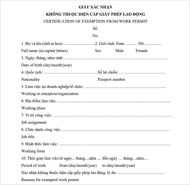 Mẫu x&aacute;c nhận miễn giấy ph&eacute;p lao động