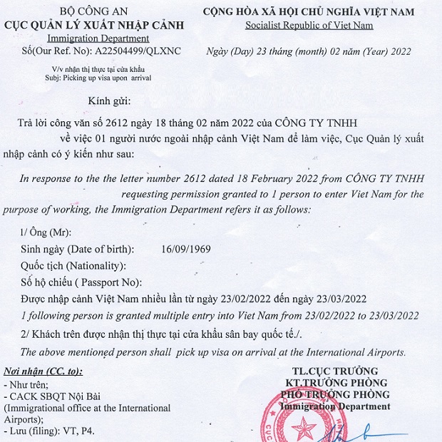 c&ocirc;ng văn nhập cảnh Việt Nam
