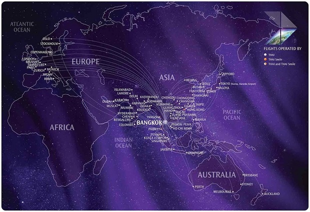 Hệ thống mạng lưới bay Thai Airways phủ sóng hầu hết tại các khu vực trên thế giới Hệ thống mạng lưới bay Thai Airways