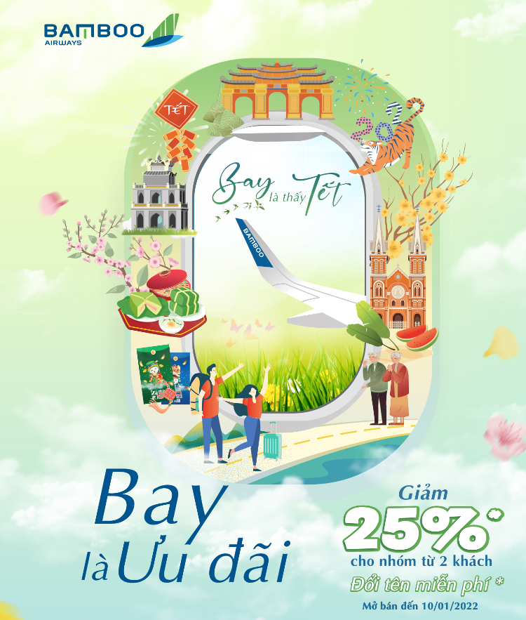 Bamboo Airways khuyến mãi đến 25% cho nhóm khách từ 2 người khi đặt vé máy bay Tết Khuyến mãi vé máy bay Tết Bamboo Airways