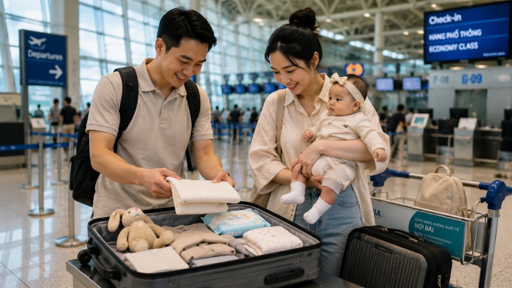 Kinh nghiệm đi m&aacute;y bay cho trẻ sơ sinh chuẩn bị trước chuyến bay