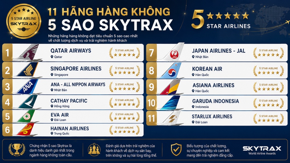 C&aacute;c h&atilde;ng h&agrave;ng kh&ocirc;ng tốt nhất thế giới đạt chứng nhận 5 sao Skytrax
