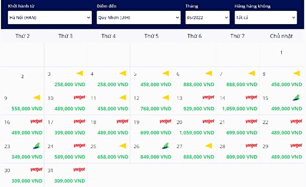 Giá vé máy bay từ Hà Nội đi Quy Nhơn tháng 5 rẻ