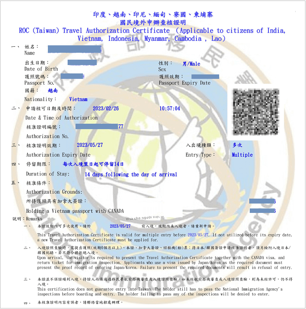 visa dien tu Dai Loan