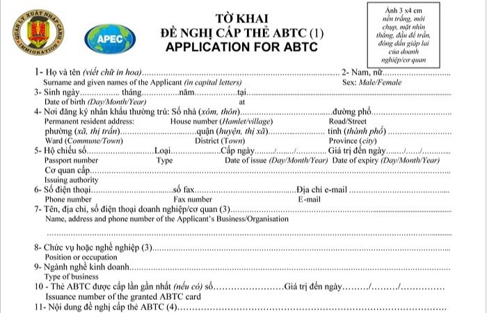 tờ khai đề nghị cấp thẻ ABTC