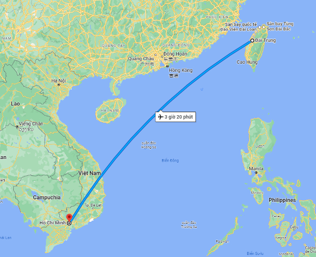 Thời gian bay từ Đ&agrave;i Trung về Việt Nam