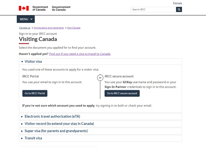 Giao diện xin visa Canada online