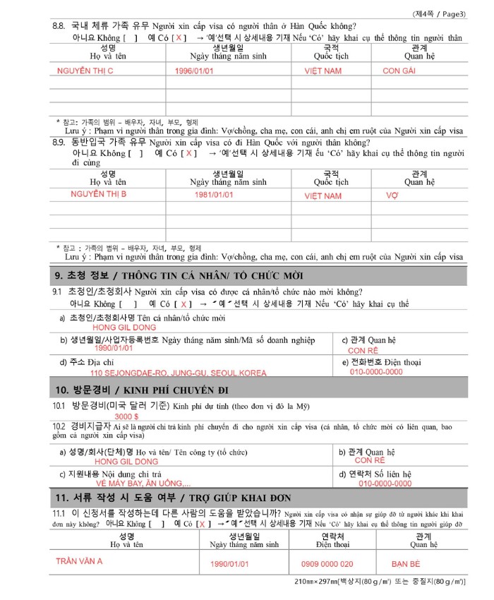 tờ khai xin visa Hàn Quốc mục 8, 9, 10, 11