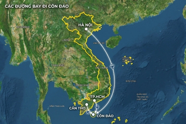 Bản đồ c&aacute;c chặng bay thẳng phổ biến của v&eacute; m&aacute;y bay Vietnam Airlines đi C&ocirc;n Đảo