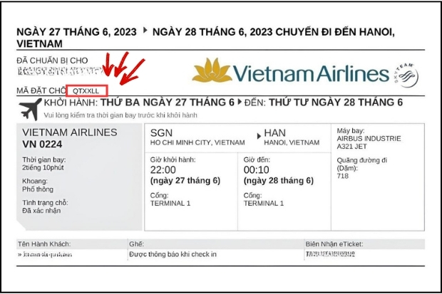 M&atilde; đặt chỗ Vietnam Airlines l&agrave; chuỗi 6 k&yacute; tự x&aacute;c định h&agrave;nh tr&igrave;nh của bạn