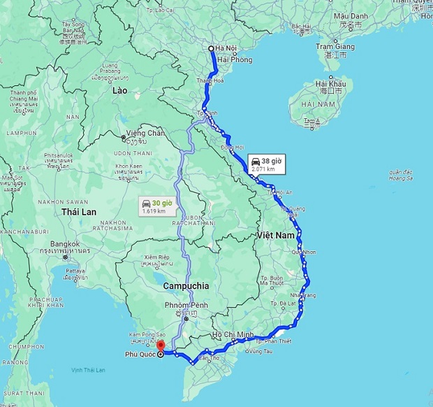 Khoảng cách từ Hà Nội đến Phú Quốc