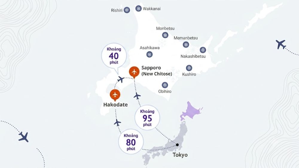 Bản đồ c&aacute;c s&acirc;n bay tại Hokkaido gi&uacute;p bạn lựa chọn điểm đ&aacute;p ph&ugrave; hợp với lịch tr&igrave;nh