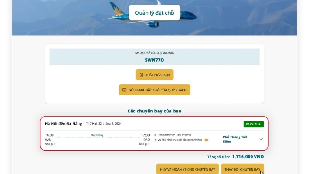 Thao t&aacute;c đổi v&eacute; thực hiện tr&ecirc;n website