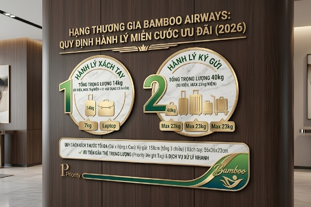 ch&iacute;nh s&aacute;ch h&agrave;nh l&yacute; của hạng thương gia Bamboo Airways được x&acirc;y dựng với định mức v&ocirc; c&ugrave;ng h&agrave;o ph&oacute;ng