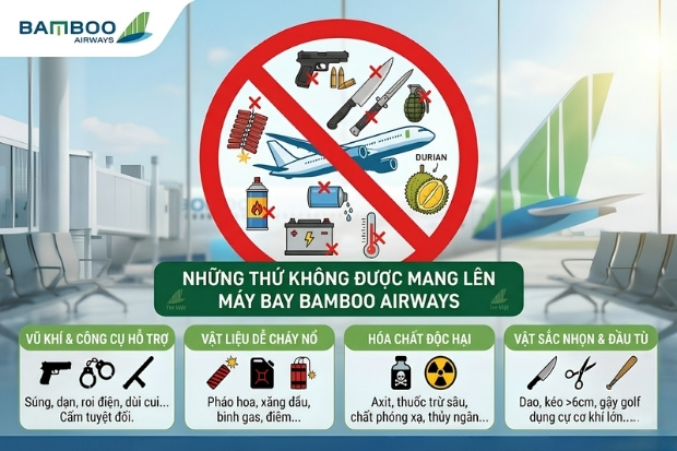 Danh mục những thứ kh&ocirc;ng được mang l&ecirc;n m&aacute;y bay Bamboo Airways xuất ph&aacute;t từ đặc th&ugrave; m&ocirc;i trường tr&ecirc;n kh&ocirc;ng 