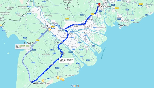 Khoảng c&aacute;ch từ C&agrave; Mau đến S&agrave;i G&ograve;n