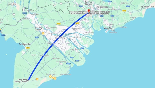 Thời gian bay C&agrave; Mau S&agrave;i G&ograve;n