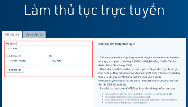 l&agrave;m thủ tục trực tuyến Bamboo Airways