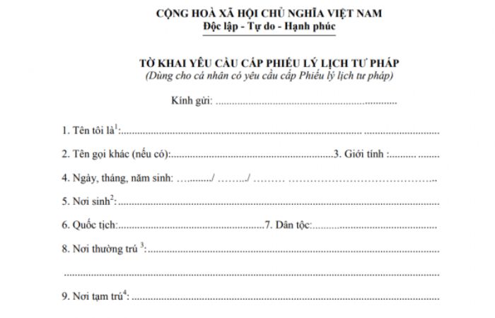 tờ khai yêu cầu cấp phiếu lý lịch tư pháp