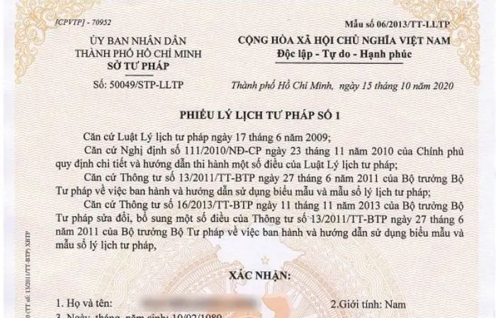 phiếu lý lịch tư pháp số 1