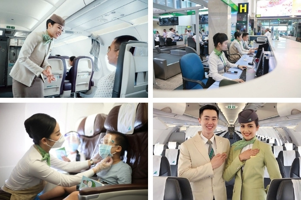 Đội ngũ tiếp vi&ecirc;n nhiệt t&igrave;nh c&ugrave;ng với v&eacute; m&aacute;y bay Bamboo Airways S&agrave;i G&ograve;n C&ocirc;n Đảo