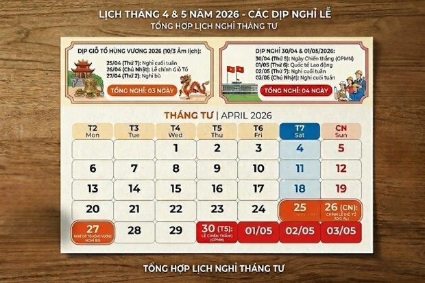 Chi tiết lịch nghỉ lễ Giỗ Tổ H&ugrave;ng Vương v&agrave; 30/4-1/5 năm 2026