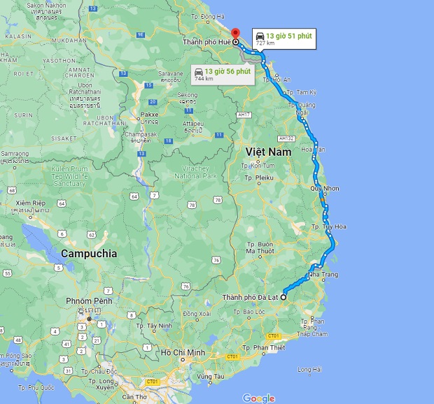 khoảng cách từ Đà Lạt đến Huế