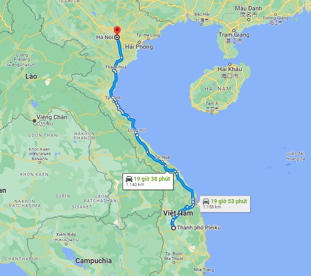 khoảng cách từ Pleiku đi Hà Nội