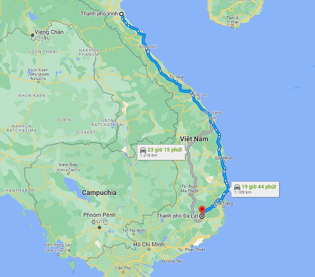 khoảng cách từ Vinh đến Đà Lạt