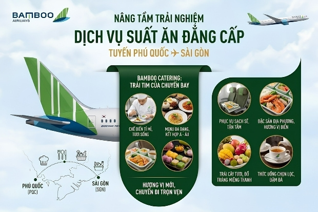 Lựa chọn v&eacute; m&aacute;y bay Bamboo Airways Ph&uacute; Quốc đi S&agrave;i G&ograve;n trải nghiệm ẩm thực đa dạng tr&ecirc;n m&aacute;y bay 