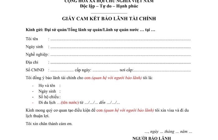 giấy cam kết bảo lãnh tài chính