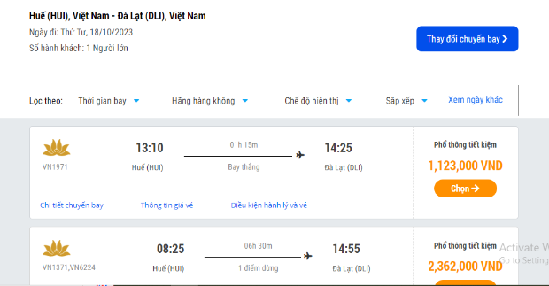 Lịch bay Huế đi Đà Lạt