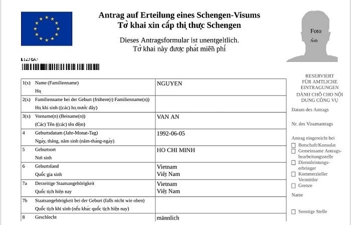 tờ khai xin visa đức