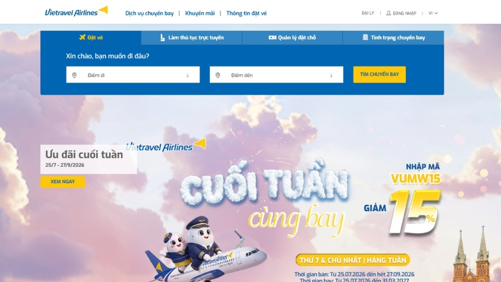 Giao diện đặt v&eacute; Vietravel Airlines tr&ecirc;n website - Nguồn: Website Vietravel Airlines