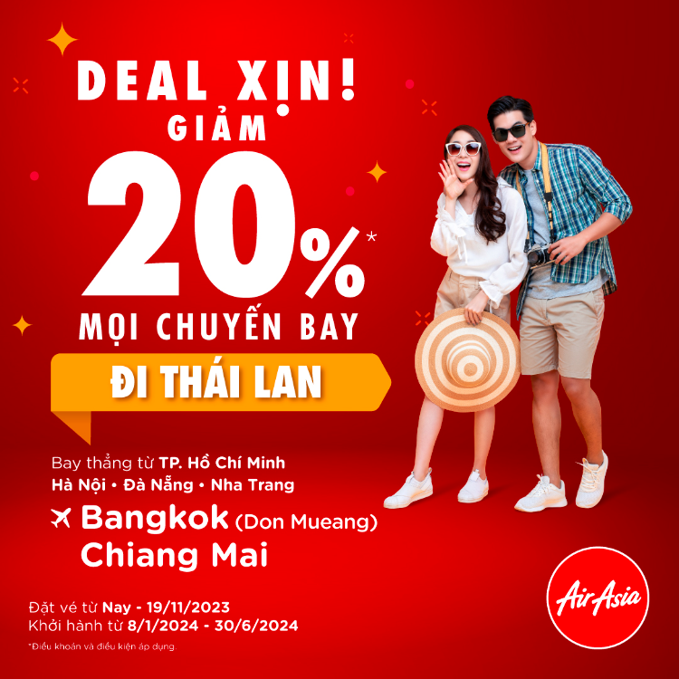 Air Asia tung deal cực xịn ưu đ&atilde;i 20% đến Th&aacute;i Lan